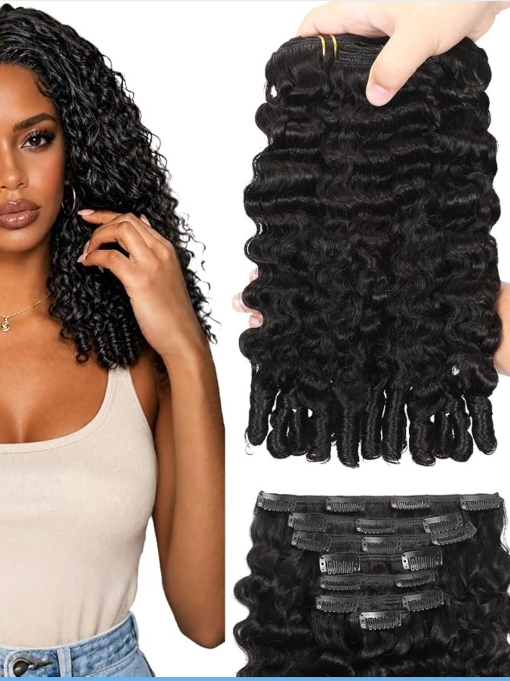 18” Real Human Hair Natural Black Burmese Curly Clip Ins